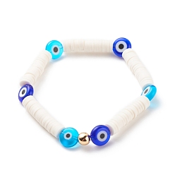 Colorful Polymer Clay Heishi Surfer Stretch Bracelet with Lampwork Evil Eye Beaded for Women, Colorful, Inner Diameter: 2-1/8 inch(5.5cm)