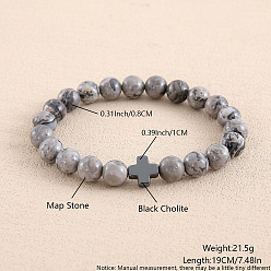 Камень Карты Браслеты из круглых бусин из натурального камня для мужчин и женщин, крестик, с синтетической немагнитной гематитовой бусиной, внутренний диаметр: 7-1/2 дюйм (19 см)