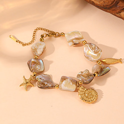 Золотой Браслеты с подвесками в виде раковин, морских звезд и рыб 304 из нержавеющей стали, Браслеты из натуральных ракушек и бусин для женщин, золотые, 6-1/4 дюйм (16 см)