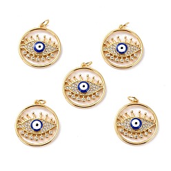 Синий Латунные микро проложить кубического циркония подвески, с эмалью, долговечный, без кадмия и без свинца, реальный 18 k позолоченный, плоские круглые с сглаза, синие, 22x20x3 мм, отверстие : 3.6 мм