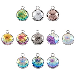 Mixed Color Opaque Resin Pendants, with 304 Stainless Steel Finding, Flat Round with Mermaid Fish Scale Shaped, Mixed Color, 18x14x3.5mm, Hole: 2mm, 33pcs/box