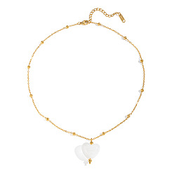 Real 18K Gold Plated Summer White Resin Love Heart Pendant 304 Stainless Steel Satellite Chain Necklaces for Women, Real 18K Gold Plated, 15.94 inch(40.5cm)