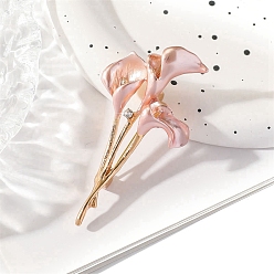 Pink Обычные каллилии цинковый сплав эмалевые броши, бусины со стразами , розовые, 67x36 мм