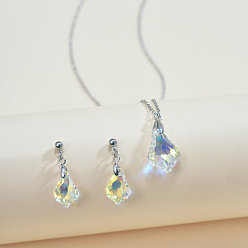 Teardrop Ожерелье из сплава с прозрачным стеклом AB и подвеска-серьга, граненые, слеза, 28x9 мм и 400 мм