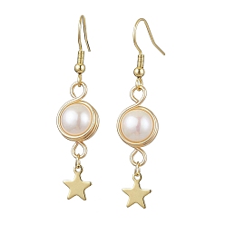 Звезда Серьги с натуральным культивированным пресноводным жемчугом, нержавеющая сталь с латунными подвесками, звезда, 49x10.5 мм