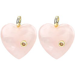 Rose Quartz 2Pcs Natural Rose Quartz Pendants, Heart Charms with Brass Micro Pave Clear Cubic Zirconia Findings, Golden, 30~32x25x8mm, Hole: 1.5mm
