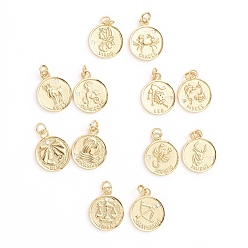 Constellation Brass Micro Pave Cubic Zirconia Pendants, with Jump Ring, Flat Round with Twelve Constellations, Clear, Golden, 12 Constellations, 18x14.5x1.5mm, Hole:3mm, 12pcs/set