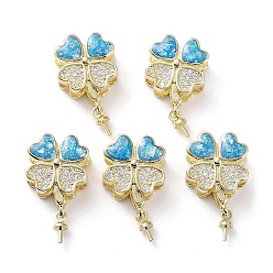 Настоящее золото 18K Поручни для чашек в форме клевера из латуни с микропаве из кубического циркония, с синтетическим опалом, без кадмия и без свинца, долговечный, реальный 18 k позолоченный, 21x12x6.5 мм, отверстие : 7x2.7 мм, штифты : 0.7 мм