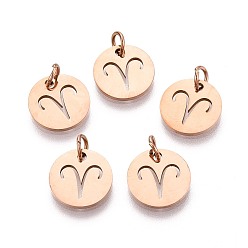 Овен 304 прелести нержавеющей стали, плоский круглый с созвездием / знак зодиака, розовое золото , Овен, 12x1 мм, отверстие : 3 мм