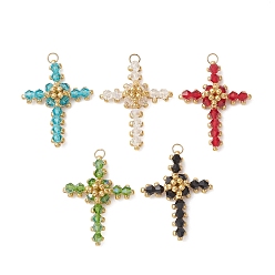(52) Непрозрачная лаванда Стеклянные подвески из бисера, крест очарование, с 304 нержавеющей сталью и стеклом, реальный 18 k позолоченный, граненые, разноцветные, 31x25x7 мм, отверстие : 3 мм