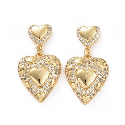 Golden Clear Cubic Zirconia Heart Dangle Stud Earrings, Brass Jewelry for Woman, Golden, 33mm, Pin: 0.7mm