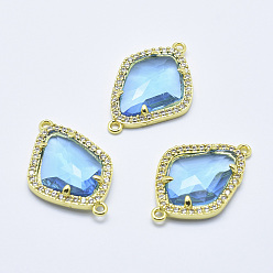 Васильковый Латунные микро проложить кубических ссылки циркония, со стеклом, граненые, слеза, золотые, васильковый, 27x18x4.5 мм, отверстие : 1.4 мм