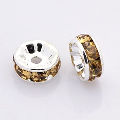 Light Colorado Topaz Brass Rhinestone Spacer Beads, Grade AAA, Straight Flange, Nickel Free, Silver Color Plated, Rondelle, Light Colorado Topaz, 4x2mm, Hole: 0.8mm