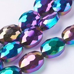 Regenbogen plattiert Galvanisieren Glasperlen, Voll plattiert, facettierte oval , Multi-Farbe plattiert, 16x12x7 mm, Bohrung: 1 mm, ca. 50 Stk. / Strang, 25.1 Zoll