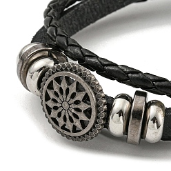 Couleur Mélangete Bracelets multi-brins en cuir PU et triple couche ciré, bracelet réglable tressé avec maillons fleurs en alliage, couleur mixte, diamètre intérieur: 2-1/8~3-1/8 pouce (5.4~8 cm)