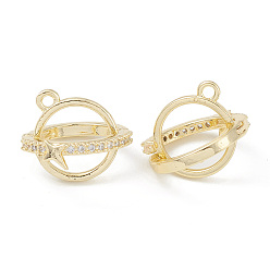 Настоящее золото 14K Подвески в клетку из бисера из прозрачного кубического циркония с покрытием из латуни, планета прелести со звездой, без кадмия и без свинца, долговечный, реальный 14 k позолоченный, 15x15x16 мм, отверстие : 1.5 мм, внутренний диаметр: 10 мм