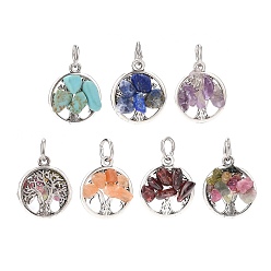Round 6Pcs 6 Styles Natural & Synthetic Mixed Stone Chip Pendants, Tree of Life Charms, with Antique Silver Tone Alloy Findings, Round, 18.5x15.5~16x4~5mm, Hole: 5mm, 1pc/style