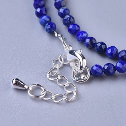 Lapis Lazuli Natural Lapis Lazuli Beaded Necklaces, with Brass Lobster Claw Clasps, Faceted Round Beads, 16.5 inch~16.7 inch(42~42.5cm)x3~3.5mm