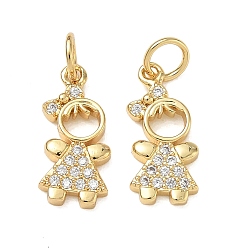 Real 18K Gold Plated Brass Micro Pave Clear Cubic Zirconia Pendants, Girl with Bowknot Charms, Rack Plating, Cadmium Free & Lead Free, Real 18K Gold Plated, 16x7x2mm, Hole: 3.5mm