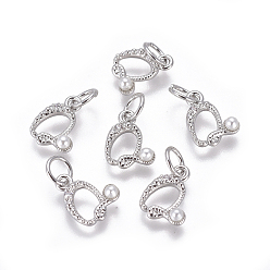 Letter Q Латунь прелести, с фианитами и оболочки жемчужиной шарик, буквы, платина, прозрачные, letter.q, 9.5~11x3.5~10.8x3~3.5 мм, отверстие : 3.5 мм