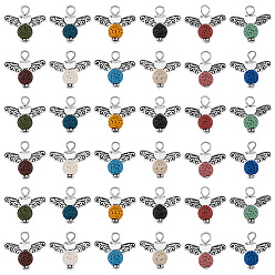 Лавовый камень 48 шт. 12 цвета, подвески, окрашенные в натуральный лавовый камень, круглые подвески с крыльями из сплава, покрытыми старинным серебром, 21x24x8 мм, отверстие : 3.5 мм, 4 шт / стиль