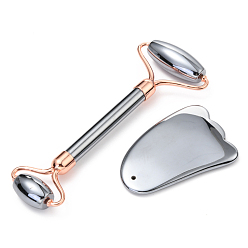 (52) Непрозрачная лаванда Валики для лица и набор гуа ша натуральный терагерцовый камень, массажные инструменты, с фурнитурой из цинкового сплава, разноцветные, 145x56x17.5 мм, отверстие : 2 мм