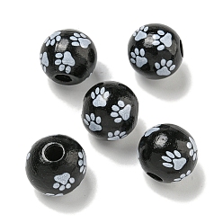 Черный Набивные деревянные европейские бусины, круглый с рисунком лапы, чёрные, 15.5~16 мм, отверстие : 4~4.5 мм