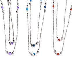 Смешанные камни 304 двухслойные колье из нержавеющей стали, с тросовыми цепями и круглыми бусинами из натуральных и синтетических драгоценных камней, цвет нержавеющей стали, 19.09 дюйм (48.5 см)