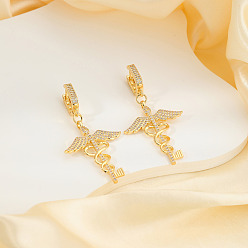 Золотой Модные латунные серьги-кольца с двумя змеями и крыльями из прозрачного кубического циркония, золотые, 55x28 мм