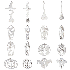 Нержавеющая Сталь Цвет 16 шт. 8 стиль Хэллоуин 201 подвески из нержавеющей стали, лазерная резка, гроб, ведьма, метла, призрак и тыквенный фонарь из тыквы, цвет нержавеющей стали, 23~57x16~33x1 мм, отверстие : 1~1.5 мм, 2 шт / стиль