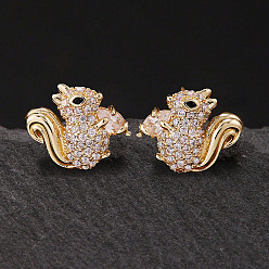 Golden Brass Micro Pave Clear Cubic Zirconia Stud Earrings, Squirrel, Golden, 15mm