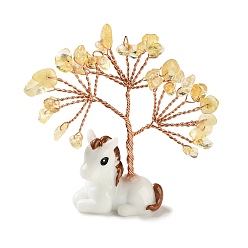 Цитрин Натуральные цитриновые чипсы Дерево жизни украшения, Подставка для лошади из смолы с медной проволокой, подарок в стиле фэн-шуй для украшения рабочего стола дома или в офисе, 67~73x19.5~20x68~73 мм