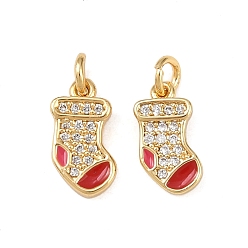 Christmas Socking Рождественские латунные эмалевые подвески с микропаве из кубических цирконий, с целью перехода в кольце, без свинца и без кадмия, долговечный, стойки покрытие, реальный 18 k позолоченный, рождественские носки, 12x6x2 мм, отверстие : 2 мм