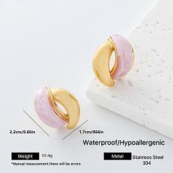 Pink 304 Stainless Steel & Resin Stud Earrings for Women, Golden, Pink, 23x35mm