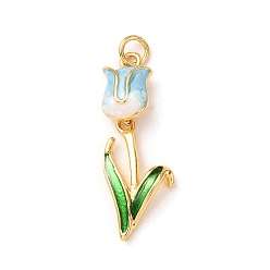 Cielo Azul Colgantes de latón con esmalte, encantos de tulipanes, chapado en rack, larga duración plateado, sin plomo y el cadmio, real 18 k chapado en oro, el cielo azul, 32x12x6 mm, agujero: 3 mm