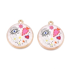 Разноцветный Подвески из эмали из сплава с печатным покрытием стойки, золотые, плоский круглый с подвеской в виде глаз и сердца, красочный, 28.5x25x4 мм, отверстие : 1.8 мм