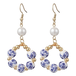 Средно-синий Круглые подвесные серьги из печатного фарфора, с фурнитурой для сережек из стеклянного жемчуга и нержавеющей стали, золотые, светло-синий, 304 мм