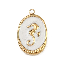 Белый 304 нержавеющей стальной эмали подвески, ионное покрытие (ip), золотые, овал с морским коньком, белые, 23.5x15x3.5 мм, отверстие : 1.8 мм