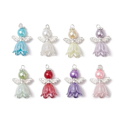 Серебро 8 шт 8 цвета стеклянные подвески, ангел, с бусинами в виде крыльев из сплава, стеклянными бусинами-жемчужинами и латунной петлей, серебряные, 21x10x11 мм, отверстие : 1.8 мм, 1 шт / цвет