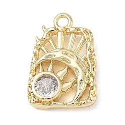 Real 18K Gold Plated Brass Pave Clear Cubic Zirconia Pendants, Rectangle with Sun Charms, Real 18K Gold Plated, 17x12x3mm, Hole: 1.6mm
