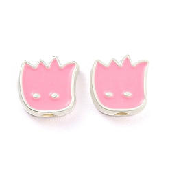 Hot pink Legierung Emaille-Perlen, matte silberne Farbe, Blume, hot pink, 10x10x4 mm, Bohrung: 2 mm