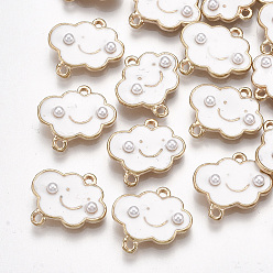 White Alloy Enamel Links connectors, with ABS Plastic Imitation Pearl, Cloud, Light Gold, White, 15x15x3mm, Hole: 2mm
