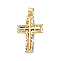 Golden Brass Micro Pave Clear Cubic Zirconia Pendants, Cadmium Free & Nickel Free & Lead Free, Cross, Golden, 29.5x18.5x2mm, Hole: 4.5x3.5mm