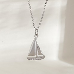 Парусное судно Ожерелья с подвесками Ocean Summer из латуни с прозрачными кубическими цирконами и паве, платина, парусное судно, 17.72 дюйм (45 см), Кулон : 22x15 мм