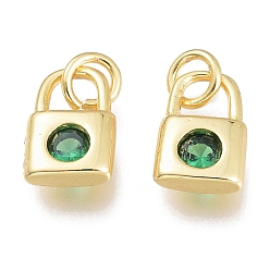 Green Brass Micro Pave Cubic Zirconia Charms, with Jump Ring, Lock, Golden, Green, 8.5x5.5x2.5mm, Hole: 1.5mm, Jump rings: 3.5x0.8mm