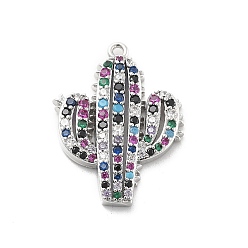 Платина Латунные микро-паве красочные кубические циркониевые подвески, кактус прелести, стойки покрытие, долговечный, без свинца и без кадмия, платина, 25x18.5x3.5 мм, отверстие : 1.2 мм