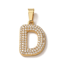 Letter D 304 Stainless Steel Micro Pave Clear Cubic Zirconia Pendants, Letter Charms, Golden, Ion Plating(IP), Letter D, 18x12.5x2.5mm, Hole: 6x2.5mm