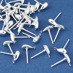 Серебро Серьги-гвоздики из латуни в форме капли, без свинца, без кадмии и без никеля, с петлей, серебряные, 9x4 мм, отверстие : 0.9 мм, штифты : 10x1 мм