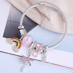 Бледно-Розовый Регулируемые европейские браслеты из нержавеющей стали, браслеты с подвесками для женщин, радуга и пальма, со сплавом, стразами и смолой, розовый жемчуг, внутренний диаметр: 2-1/8 дюйм (5.5 см)
