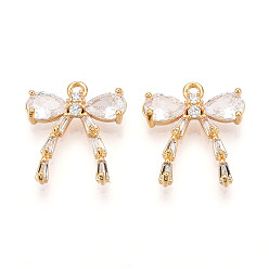 Прозрачный Латунные микро проложить кубического циркония подвески, бантом прелести, прозрачные, 15.5x14x3 мм, отверстие : 1.5 мм